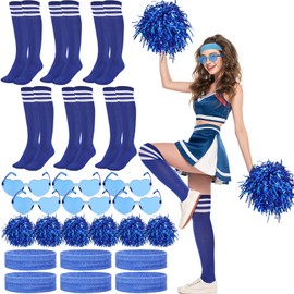 Chicingyou 6pcs Cheerleading Pom Poms Bulk with Plastic Handle 6 Set Women Blue Softball Socks 6 Sport Stretchy Headbands 6 Sunglasses Blue Team Spirit Wear Accessories for Sport Event Supplies