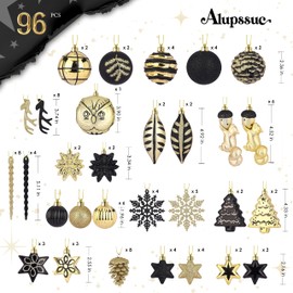 Alupssuc 96pcs Christmas Tree Ornaments Set, Plastic Shatterproof Hanging Baubles for Xmas Tree Decor, Holiday Balls Decorations with a Forest Theme and Animal Designs in Black & Gold