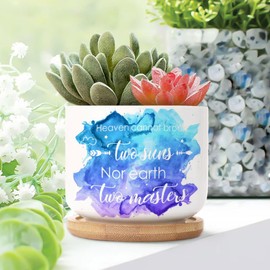 DecStic Heaven Cannot Brook Two Suns, Nor Earth Two Masters. Ceramic Planter Christian Quote Flower Pots for Indoor Plants with Drainage Holes and Saucers Pot for Home Office Desk Garden