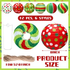 Rossesay 12 Pcs Red and Green Paper Lantern 8 Inch Christmas Hanging Lantern Indoor Outdoor Decorative Round Hanging Decor Ornaments for Holiday Xmas Party Baby Shower Birthday
