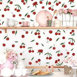 THEYGE Red Cherry Wall Decals Cherries Fruit Wall Stickers Peel and Stick Kitchen Wall Stickers Removable Boho Green Leaves Wall Decals Watercolor Fruit Leaf Stickers for Nursery Bedroom Decor