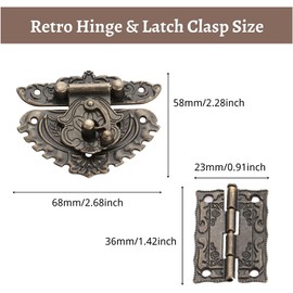 Mgoodoo Antique Embossing Hasp Latch Lock, 2 Pieces Hinge + 1 Pcs Retro Style Padlock Key Latch Clip Set Box Lock, Box Hinges and Latch with 13 Screws