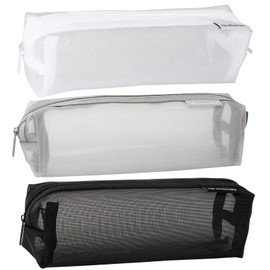 3 Pcs Mesh Pencil Case Portable Stationery Pouch Zipper Mesh Bags Multifunctional Clear Pencil Storage for Students, Office Supplies (Black, White, Gray)