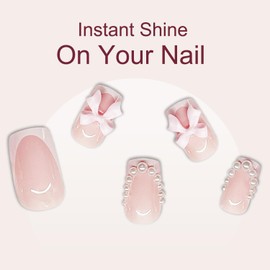 French False Nails,Pack of 24 Pink French Nails,Press On Nails Short Medium Square False Nails,Beautiful Pearl Bow Designs False Nails,Stick On Nails