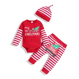bilison My 1st Christmas Outfit Newborn Baby Boy Long Sleeve Romper Striped Pants with Hat Christmas Clothes Sets