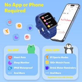 Gydom Kids Smart Watch, 1.83" Touchscreen Kids Fitness Watch, Without/With APP Mode, Heart Rate/Sleep Monitor, IP68 Waterproof, Puzzle Games Alarm Clock for Girls Boys Teens 5-16, 81 Sport Mode, Blue