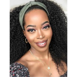 KLAIYI Afro Kinky Curly 3/4 Half Wig Human Hair Glueless Wear and Go Wig with or without Headband Natural Curls Non Lace Front Full Machine Made Ready to Wear Beginner Friendly 12A 180% Density 16Inch