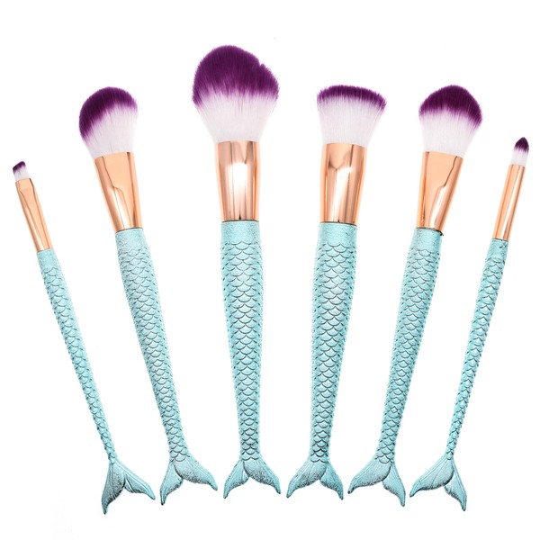 Pack of 6 Dolovemk Mermaid Fishtail Makeup Brushes comestic makeup set/kit for Powder Foundation, Blusher, Konturierung, Face Blender light blue