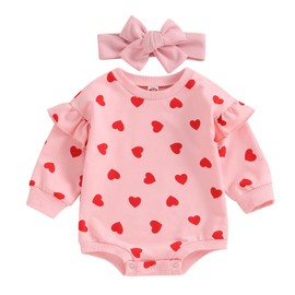 Gueuusu Baby Girl Boy Valentines Outfit Oversized Heart Print Long Sleeve Sweatshirt Romper One Piece Pullover Bodysuit (Bd-Pink, 3-6 Months)