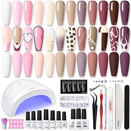 BORN PRETTY Kit de iniciación de esmalte de uñas de gel con lámpara UVLED de 48 W, 12 colores, color nude, rosa, rojo, con base que no se limpia,...  