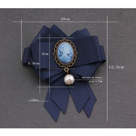 Pre-Tied Big Bow Ribbon Brooch Victorian Lady Cameo Faux Pearl Dangle Pins Clip Tie Collar Jewelry Fashion Accessories for Women Gifts (Blue)