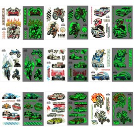 Qpout 15pcs Racing Car Glow in the Dark Temporary Tattoos for Children, Luminous Racing Monster Truck Tattoo Stickers for Boys Birthday Party Favours Accessories Decorations