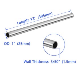 Tynulox 1" OD 304 Stainless Steel Tube, 1.5mm Wall Thickness, 305mm Length, Silver, Pack of 2