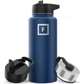 IRON °FLASK Camping & Hiking Hydration Flask with 3 Lids - Stainless Steel, Double Walled & Vacuum Insulated Water Bottle - Leak Proof & BPA Free (Navy Blue, Straw - 32 oz)
