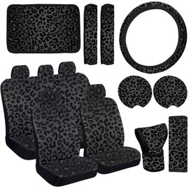 JINGSEN 15 Pieces Leopard Print Printing Car Steering Wheel Cover Center Console Armrest Pad Headrest Seat Belt Cover Handbrake Cover Keychain Coaster Full Set Car SUV （Black Leopard Print）