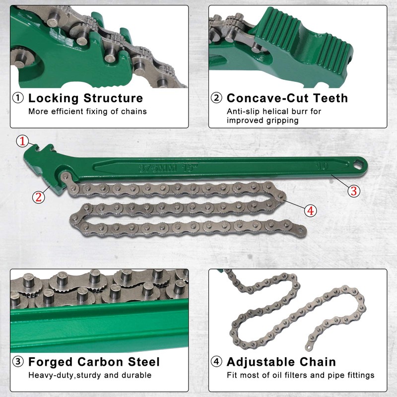 15 Inch Heavy-Duty Ratcheting Chain Wrench Reversible Oil Filter Tool