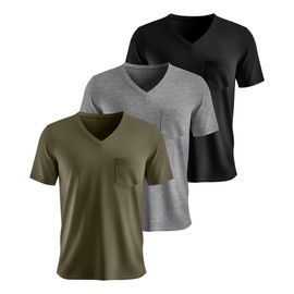 Ficerd 3 Pack Men's Big and Tall V Neck T Shirts Short Sleeve Plus Size Tees Casual Cotton Basic Shirts with Pocket(Black, Gray, Army Green,X-Large)