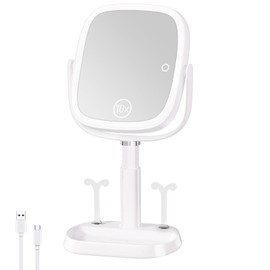 FRANO Vanity Mirror with Lights, Rectangular Lighted Makeup Mirror with 3 Color Lights, 1X/10X Magnification, Adjustable Height, 360° Rotation, 4000mAh Rechargeable for Desk, Gifts for Women