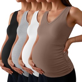 Ficerd 4 Pack Women's Maternity Tank Tops V Neck Summer Side Ruched Sleeveless Cotton Basic Pregnancy Shirts(Brown, White, Light Gray, Black,Small)