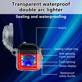 Waterproof Arc Lighter, Double Arc Flameless Plasma Lighter with Type C Charging Cord and Cord, LED Power Indicator Light, Electric Lighter for Indoor and Outdoor Camping and Cooking, Red, IP56 Rated
