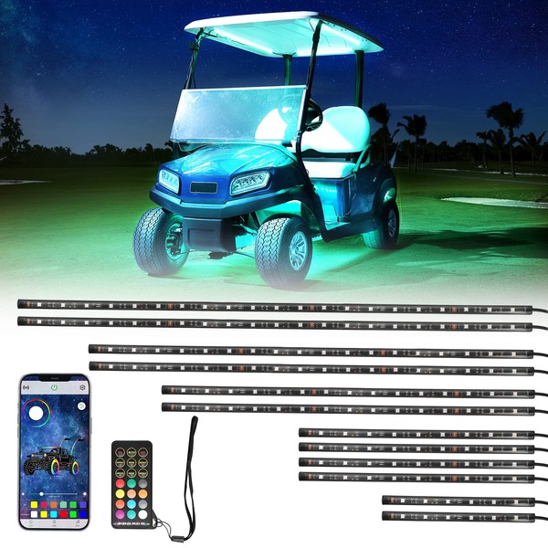 KEMIMOTO 12PCS Million Colors Golf Cart Underglow LED Strip Light Kit 12V Compatible with Club Car, EZGO, Drive, ICON, and Kandi, Waterproof IP68 Accent Neon Lighting Kit with 24 Modes, Multicolor RGB