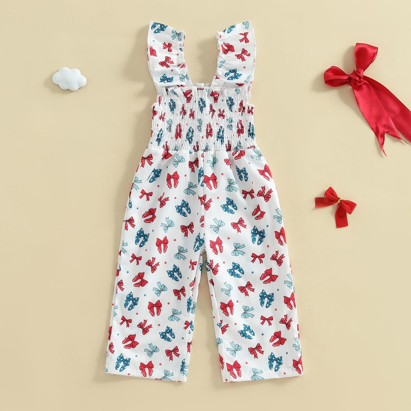 Toddler Baby Girls Outfit Ruched Bowknot Print Jumpsuit Sleeveless Romper