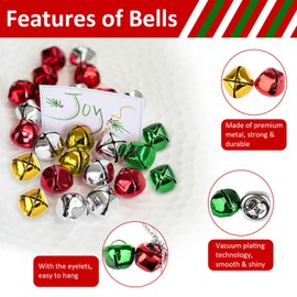 Hoiny Bells for Crafts, Pack of 200 Colourful Metal Bells with Eyelets, 12 mm for Jewellery Making, Christmas Decoration, DIY (Gold, Silver, Red, Green)