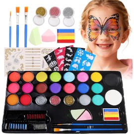 Pintacaritas Base Agua, Kit de 20 Colores Pintura Facial y Corporal, Pintura para Maquillaje Artistico, con Polvos para El Cabello, Pinceles y Plantillas, para Halloween, Navidad, Año Nuevo y Cosplay