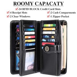 SENDEFN Genuine Leather Purses for Women, RFID Large Ladies Purse, Wallet for Women with Wrist Strap