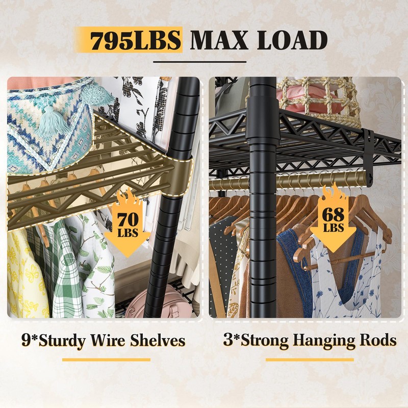 Raybee Clothes Rack Heavy Duty Load 795LBS Portable Clothing Racks