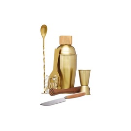 BarCraft Cocktail Set, Professionelles Cocktail Shaker Set aus Messing, 6-teiliges Barkeeper Set mit Messbecher, Messer, Shaker, Löffel, Sieb und Stößel, 12 x 17 x 22 cm, Gold Messing und Holz