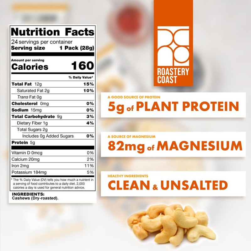 Roastery Coast - Just Cashews Unsalted | Individually wrapped snack