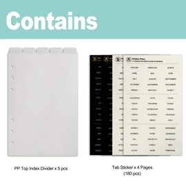Zelten PP Binder Index Dividers with 4 Sheets Tab Stickers for Personal Organizer (PP Frosted 5-Top Tab, A5/6 Hole)