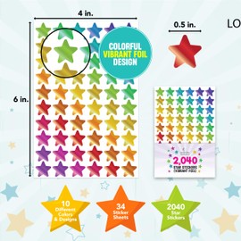 Decorably 2,040 Foiled Star Stickers for Kids Reward Small - 34 Sheets Star Sticker Sheet, Classroom Activities, Positive Reinforcement, Arts & Crafts, Scrapbooking, Gift