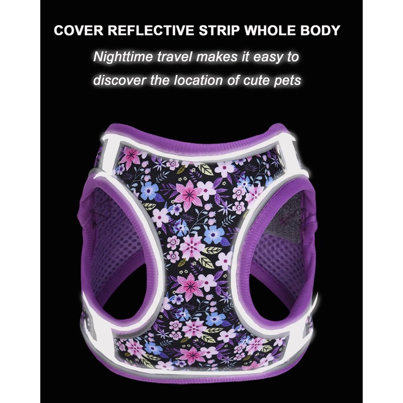 JUFOO M Purple Flower Pattern Dog Harness and Leash Set,No