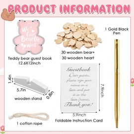 Kosiz We Can Bearly Wait Acrylic Baby Shower Guest Book Alternatives Decorations with Wooden Hearts for 60 Guests Baby Shower Sign Picture Frame Pregnancy Keepsake Edition for Soon to Be Mom (Pink)
