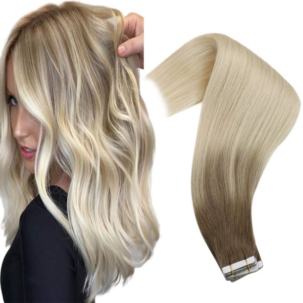 VeSunny Tape in Hair Extensions Blonde Ombre Human Hair Tape in Extensions 8A Brown Fading to 60 Platinum Blonde Ombre Seamless Hair Extensions Tape in Human Hair 14inch 20pcs 50g