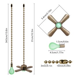 Dotlite 2Pack Bronze Ceiling Fan Pull Chains Glow in the Dark,3mm Diameter Beaded Decorative Light Pull Chain Pendant Extension, Fan and Bulb Shaped Ornaments Cord Extender