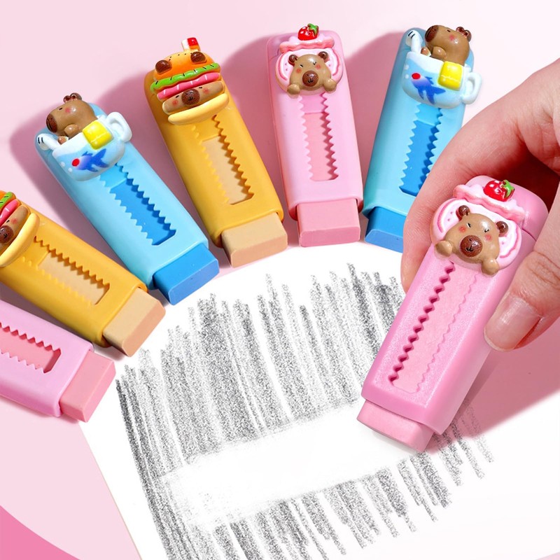 4 Pack Animal Eraser Sliding Push Pull Capybara Eraser Retractable