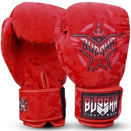 BUDDHA FIGHT WEAR Muay Thai Boxing Gloves Muay Thai Kickboxing Faux Leather Inner Fabric Odour-Proof Various Designs (Army Red, 400 ml)
