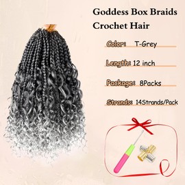 Boho Crochet Braids with Curly Ends 12 Inch Goddess Braids Crochet Hair Pre Looped 3X Boho Box Crochet Braids for Black Women Crochet Boho Box Braids Ombre TGray