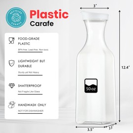 Plastic 8 PACK Large 50 Oz Water Carafe with Flip Top Lid, Square Base Juice Containers, Clear Plastic Pitcher - for Water, Iced Tea, Juice, Beverage, Milk, Cold Brew and Mimosa Bar - HAND WASH ONLY
