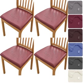 HFCNMY Seat Covers for Dining Chairs, Stretch Waterproof PU Dining Chair Seat Covers Set of 4, Removable Dining Room Chair Seat Covers Washable Kitchen Chair Seat Covers with Elastic Bands (Red)