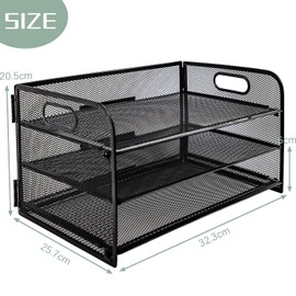 Paper Letter Tray with Handle, 3 Tier Metal Mesh Desk File Organizer, A4 Paper Desktop Filing Trays, Desk Tidy Magazine Document Holder for Home Office, Black