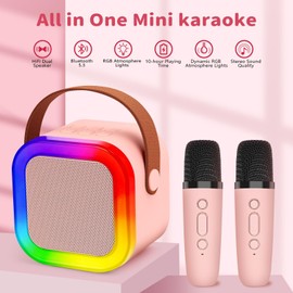 Portable Karaoke Machine with 2 Wireless Microphone, Mini Bluetooth Speaker for Adullts and Kids, Valentines Day Gifts Back to School Gifts (Pink)