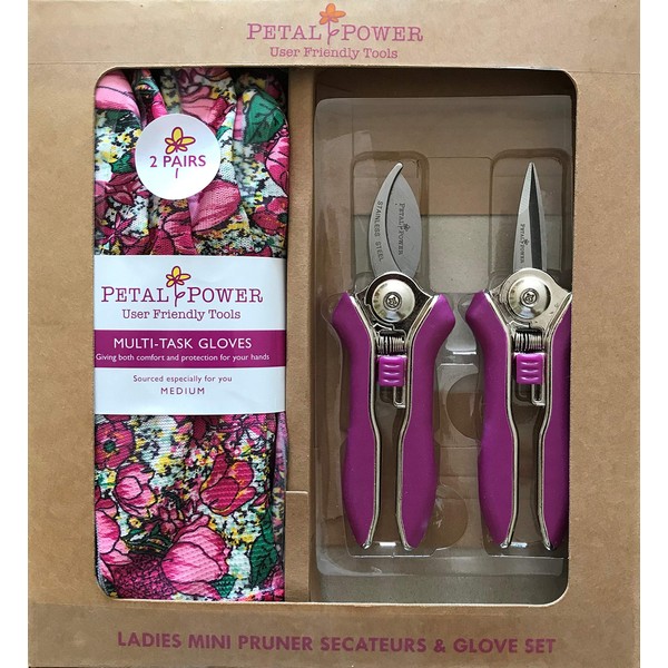 Ladies Mini Pruner Secateurs & Ladies Gardening Gloves (2 Pairs) Set - Bypass & Snipper Pruners - Lightweight Garden Gloves - Best Garden Gift for Women (Medium Glove, Purple/Rose Garden Floral)