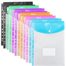 12PCS Plastic Wallets A4 Punched Pockets, Expandable A4 Plastic Wallets Folders Document Files Wallets with Button Closure and Label Pocket for Home, Office and School Files, Assorted Colours