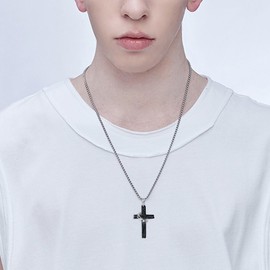 HUKKUN Black Cross Necklace Sterling Silver Jesus Thorn Crown Cross Necklace for Men Catholic Jewelry Gift for Father Brother Boyfriend Son