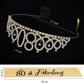 Esitrormi 80th Birthday Crown and Sash for Women, 80 Fabulous Queen Tiara Gold Birthday Decorations Gifts for Women