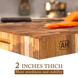 AZRHOM Extra Large Thick Acacia Wood End Grain Cutting Board 20x15x2 In, Wooden Butcher Block, Chopping Board For Kitchen with Juice Groove Handles Non-Slip Pats (Gift Box)